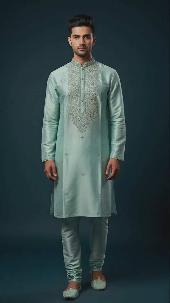 Men’s Aqua Blue Embroidered Kurta Set | Premium Festive & Wedding Wear – Dresswala NX