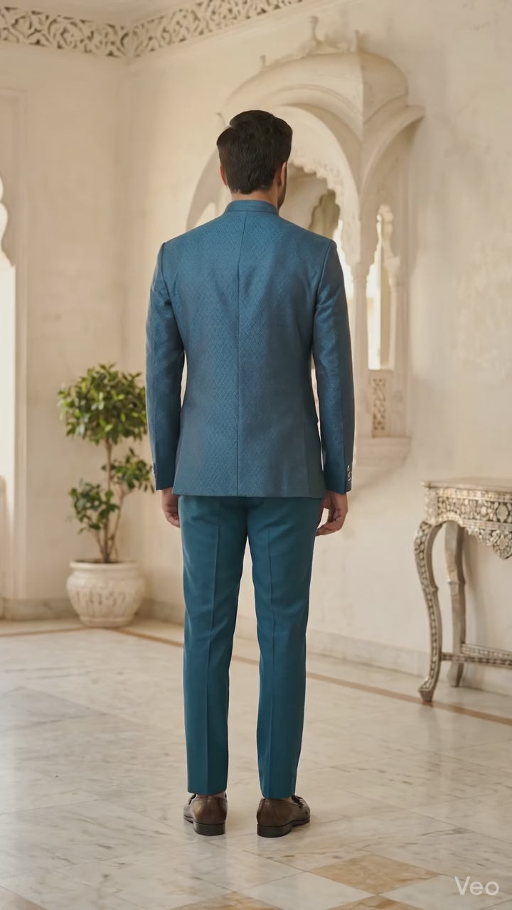 Men’s Teal Blue Geometric Textured Jodhpuri Suit