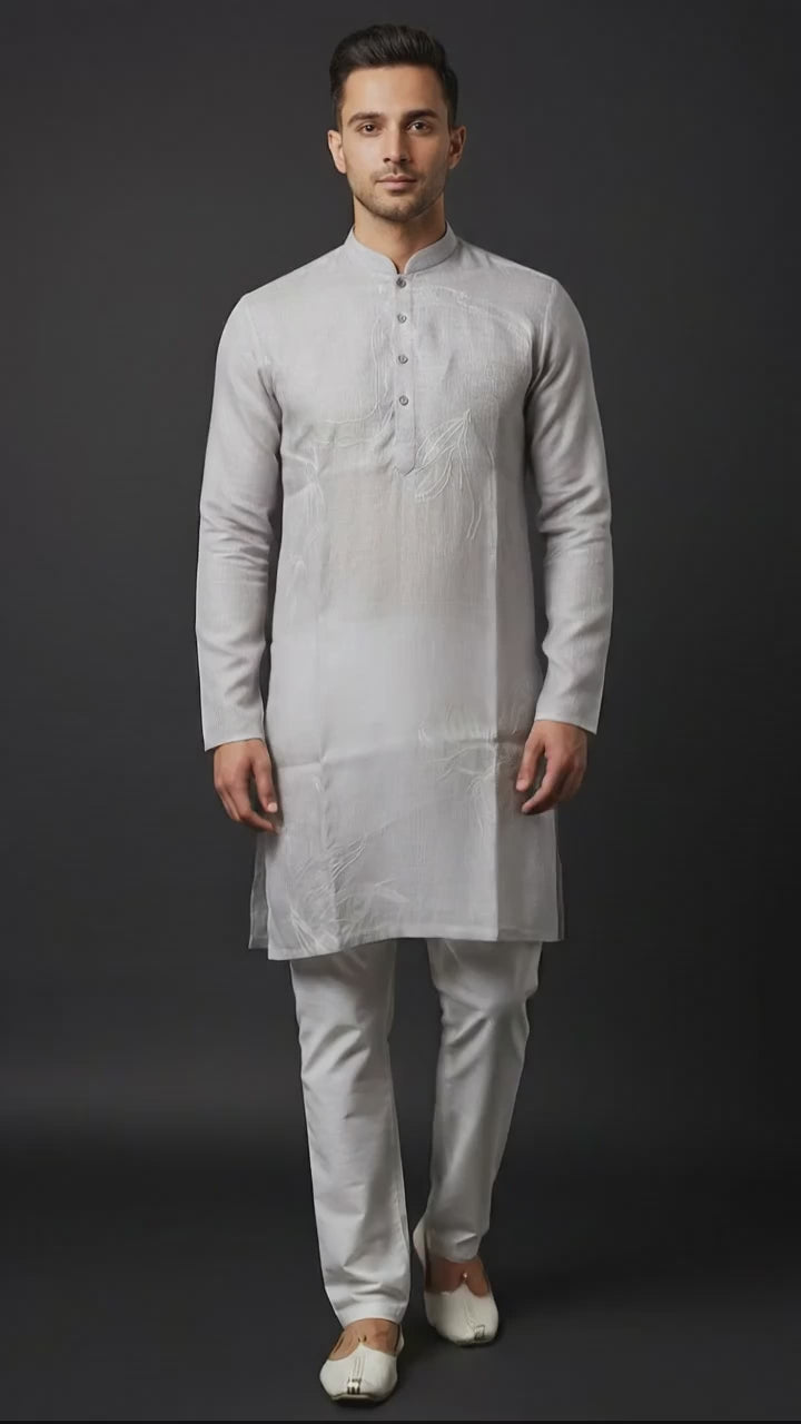 Men’s Light Grey Linen Kurta with Minimal Thread Detailing | Elegant Linen Kurta – Dresswala NX