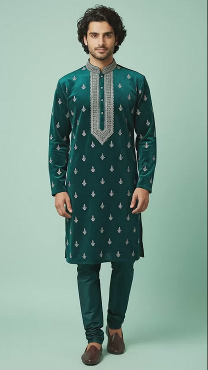 Emerald Green Velvet Embroidered Kurta Set with Intricate Neck Detailing
