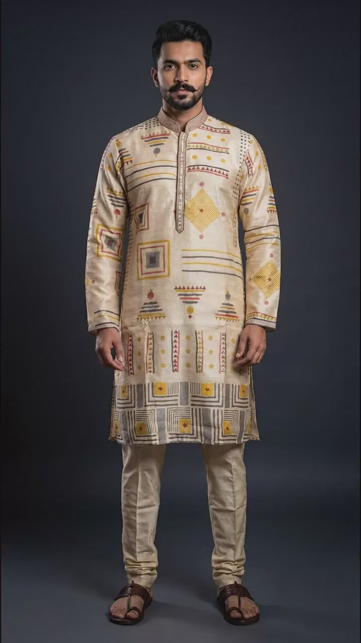 Beige Geometric Printed Kurta Set for Men | Dresswala NX