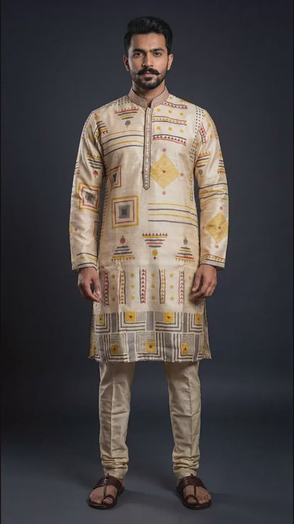 Beige Geometric Printed Kurta Set for Men | Dresswala NX
