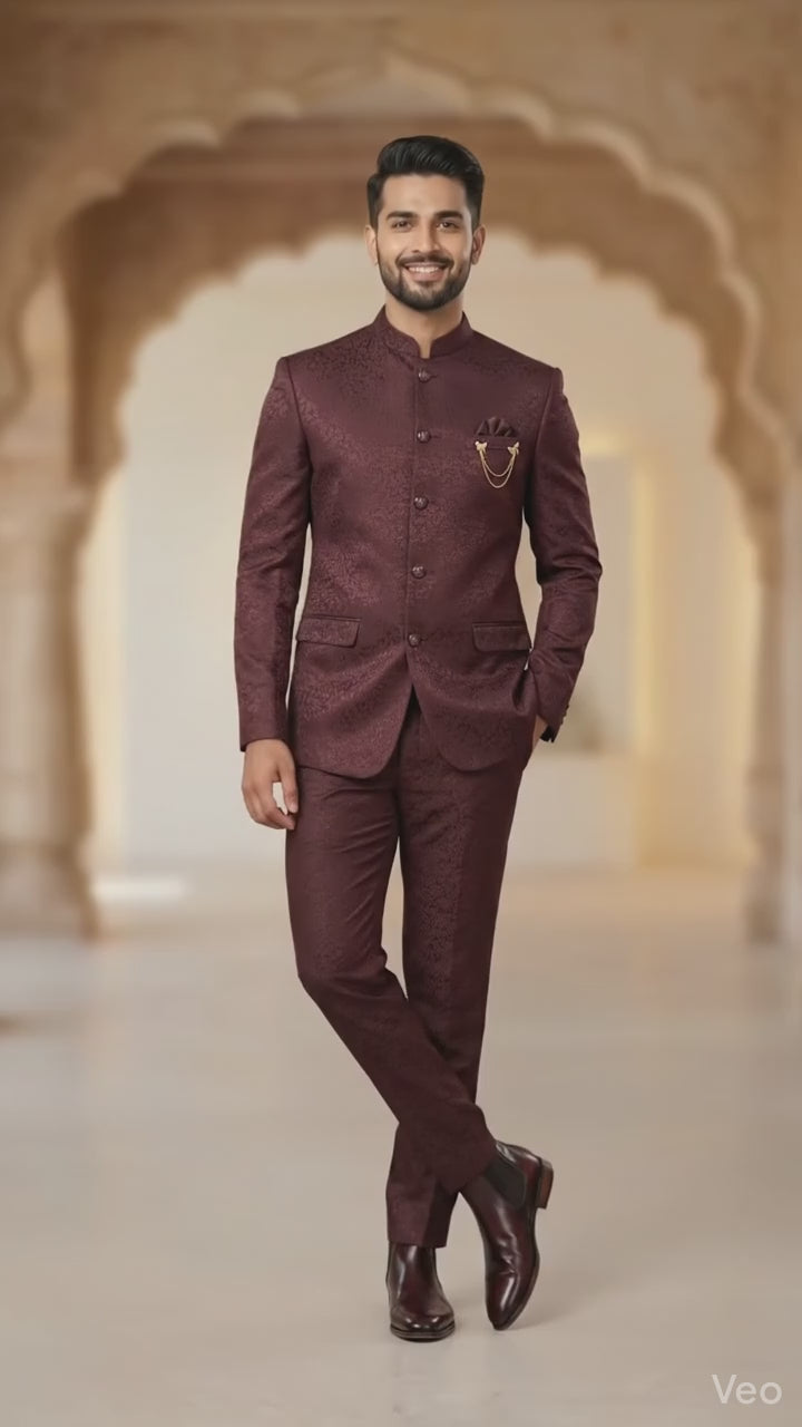 Royal Wine Floral Jacquard Jodhpuri Suit