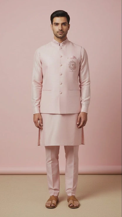 Blush Pink Kurta Set with Embroidered Bandhgala Jacket – Elegant Festive & Wedding Menswear