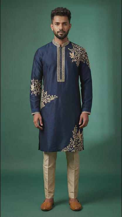 Navy Blue Embroidered Kurta Set for Men | Dresswala NX