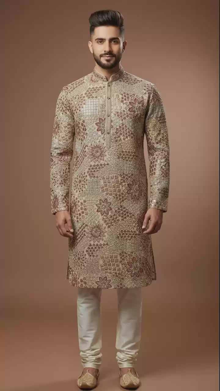 Beige Textured Brocade Kurta Set with Floral & Geometric Weave