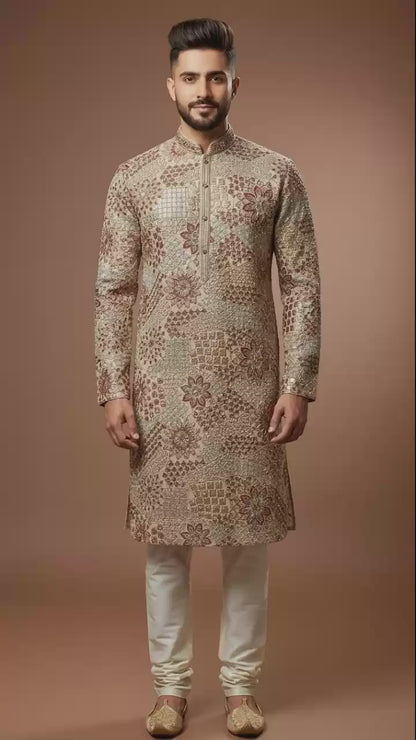 Beige Textured Brocade Kurta Set with Floral & Geometric Weave