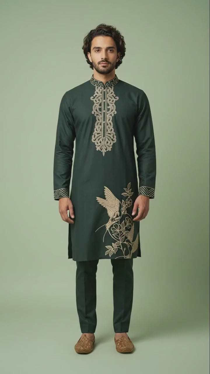 Dark Green Embroidered Kurta Set for Men | Dresswala NX