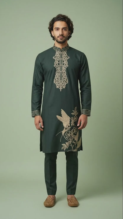 Dark Green Embroidered Kurta Set for Men | Dresswala NX