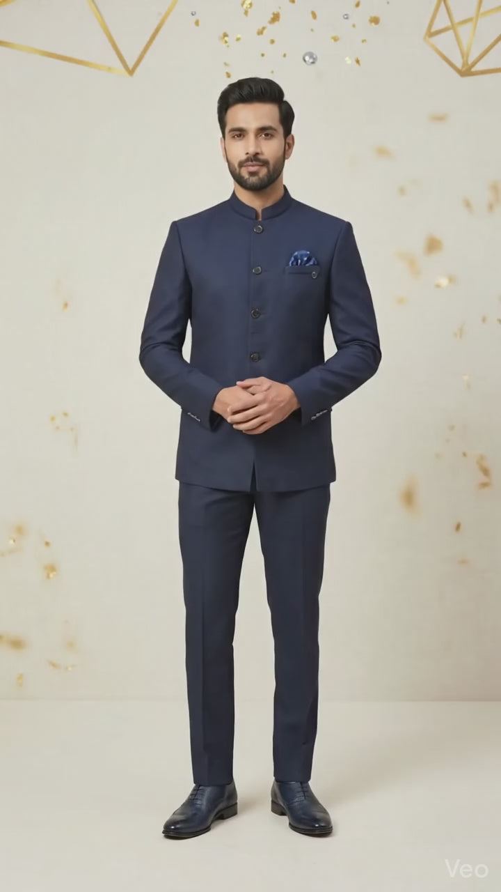 Elegant Navy Blue Textured Jodhpuri Suit