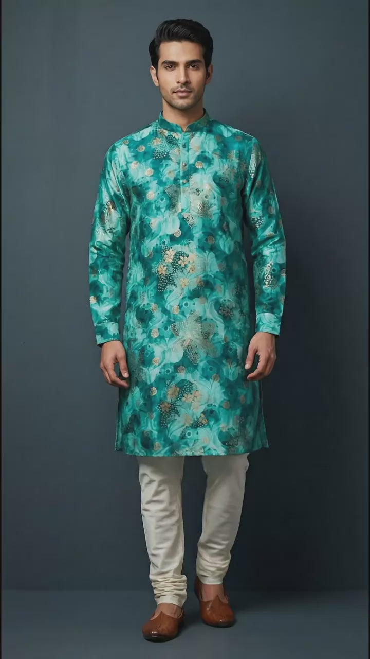 Men’s Teal Green Floral Printed Kurta | Festive Wear – Dresswala NX
