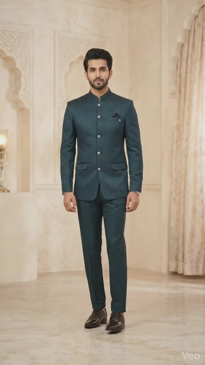 Men’s Emerald Teal Self-Design Jodhpuri Suit