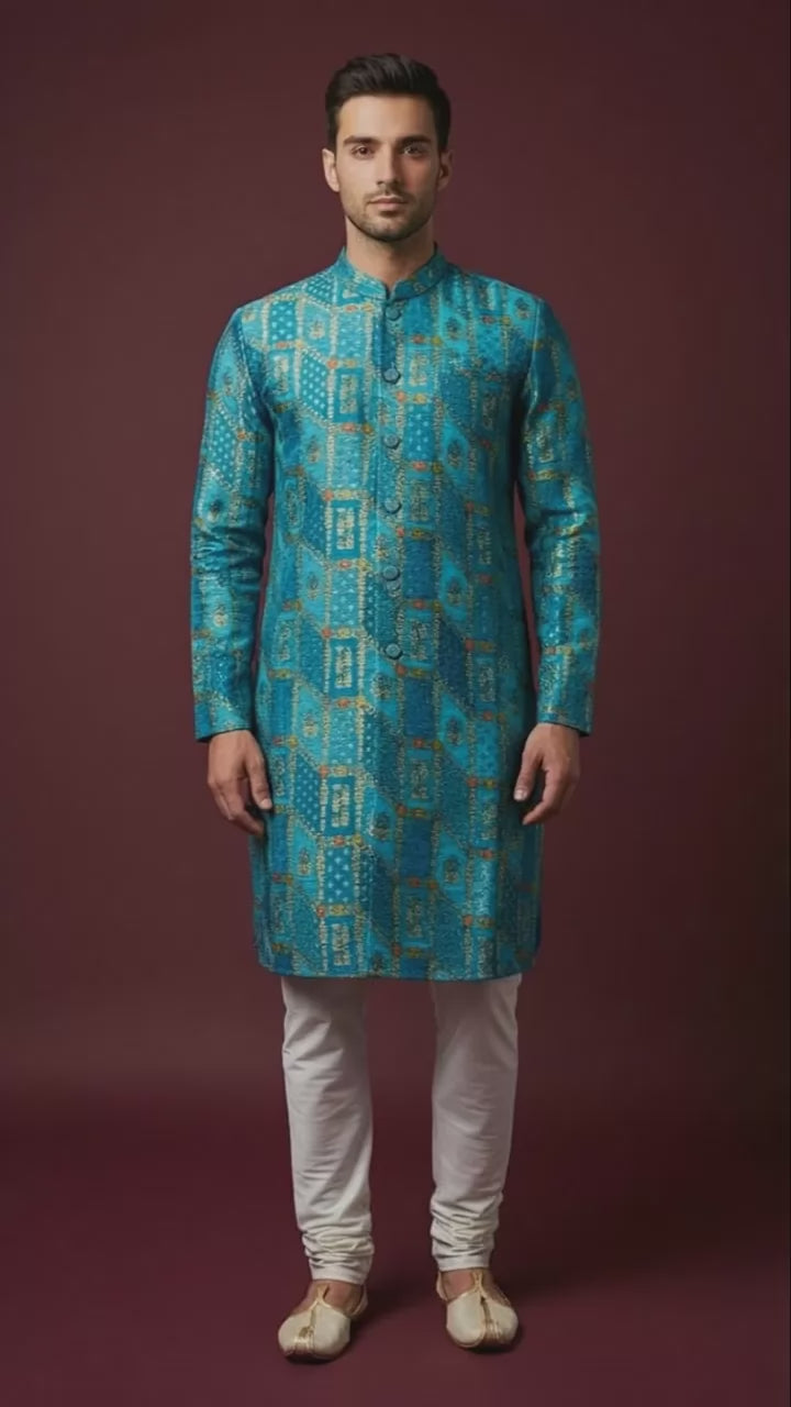 Turquoise Jacquard Indo-Western Kurta with Geometric Gold Weave