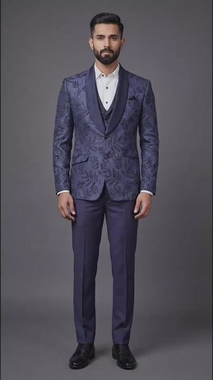 Navy Blue Textured Indo Western Suit for Men | Dresswala NX
