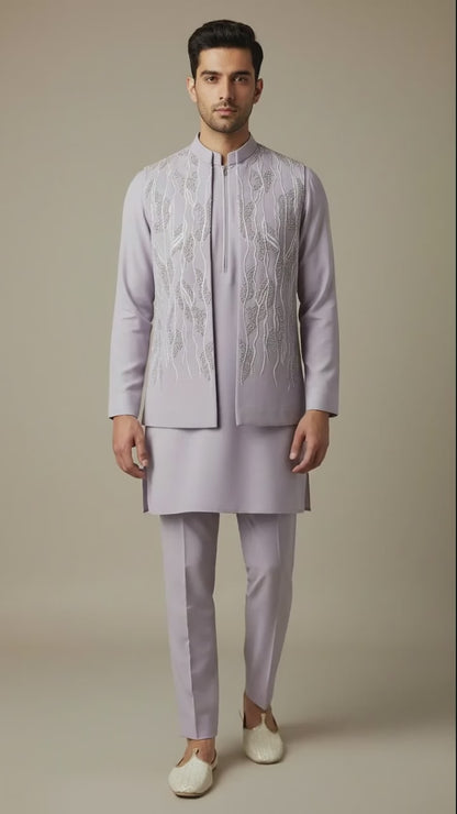 Lavender Thread-Embroidered Kurta Jacket Set