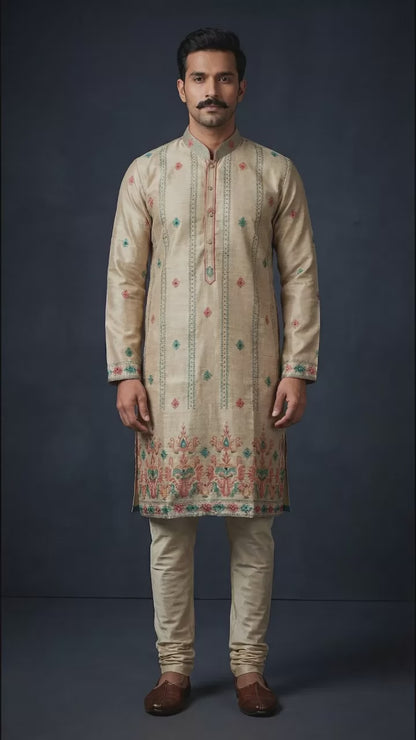 Beige Embroidered Kurta Set for Men | Dresswala NX
