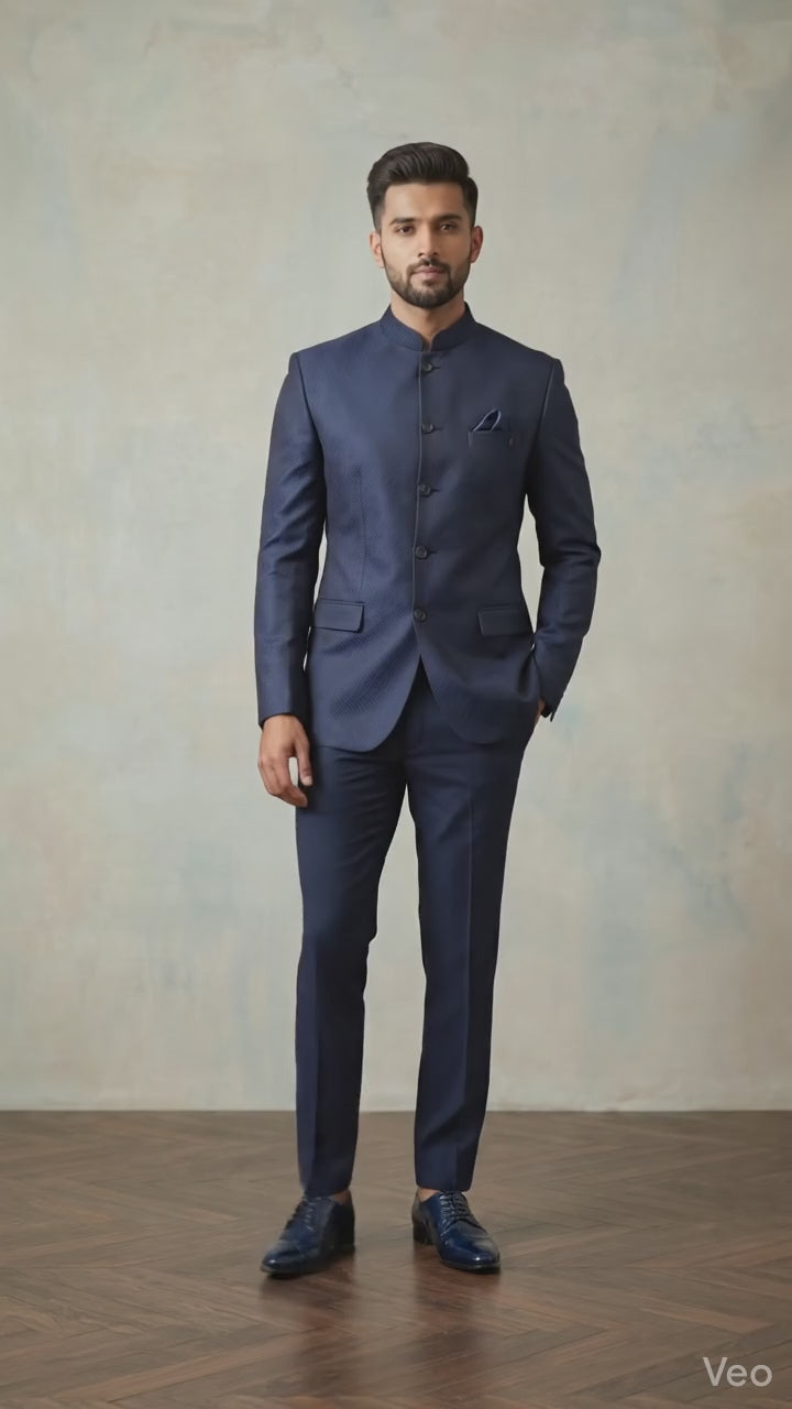Navy Blue Textured Imperial Jodhpuri Suit