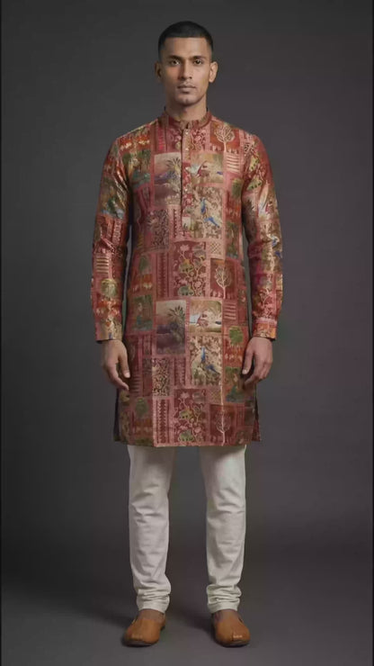 Men’s Rust Multicolour Heritage Print Kurta | Festive Ethnic Wear – Dresswala NX