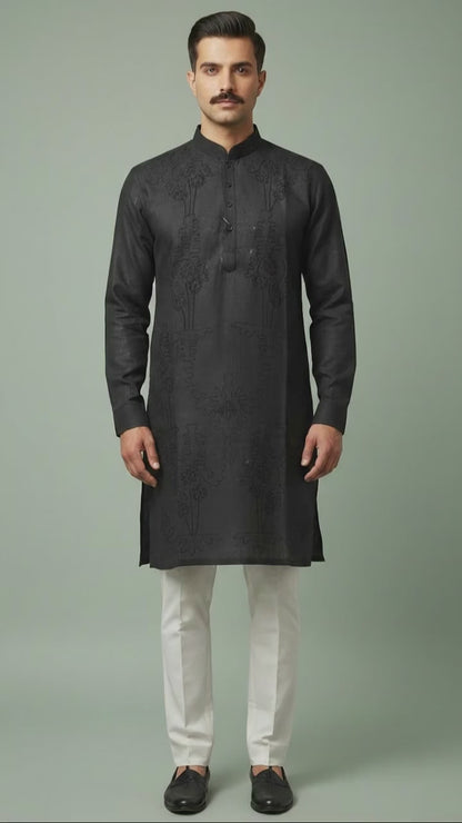 Men’s Black Linen Kurta with Subtle Tonal Embroidery | Classic Black Kurta – Dresswala NX
