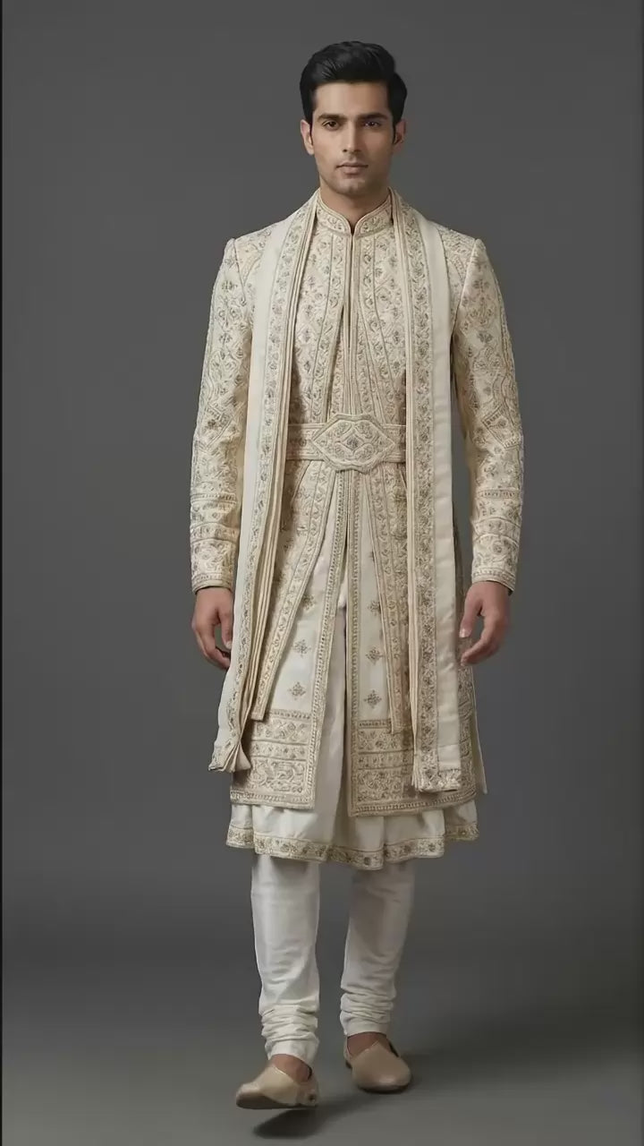 Ivory Regal Groom Sherwani with Intricate Embroidery | Dresswala NX