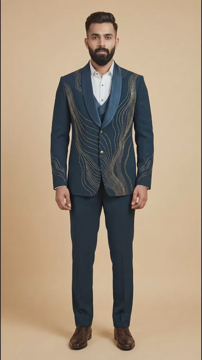 Men’s Navy Blue Embroidered Suit | Dresswala NX