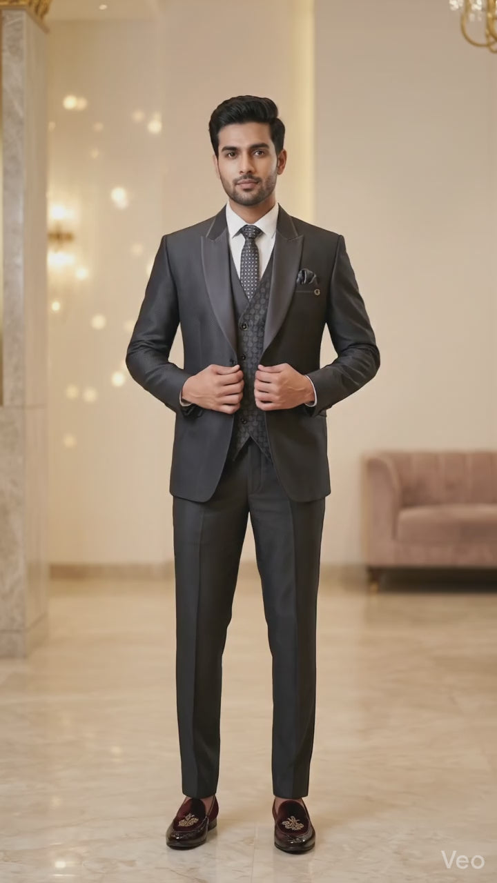 Midnight Charcoal Five-piece Tuxedo with Textured Damask Waistcoat