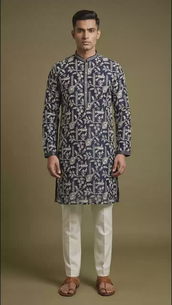 Men’s Navy Blue Floral Print Kurta | Elegant Festive Wear – Dresswala NX