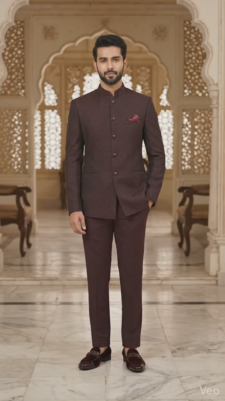 Elegant Wine Textured Jodhpuri Suit