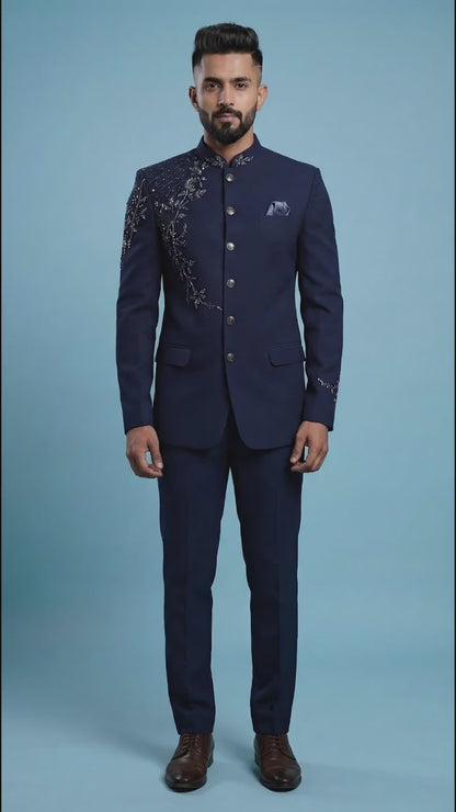 Navy Blue Bandhgala Suit for Men | Dresswala NX