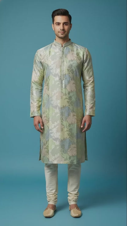 Men’s Pastel Floral Jacquard Kurta Set | Festive & Wedding Wear – Dresswala NX