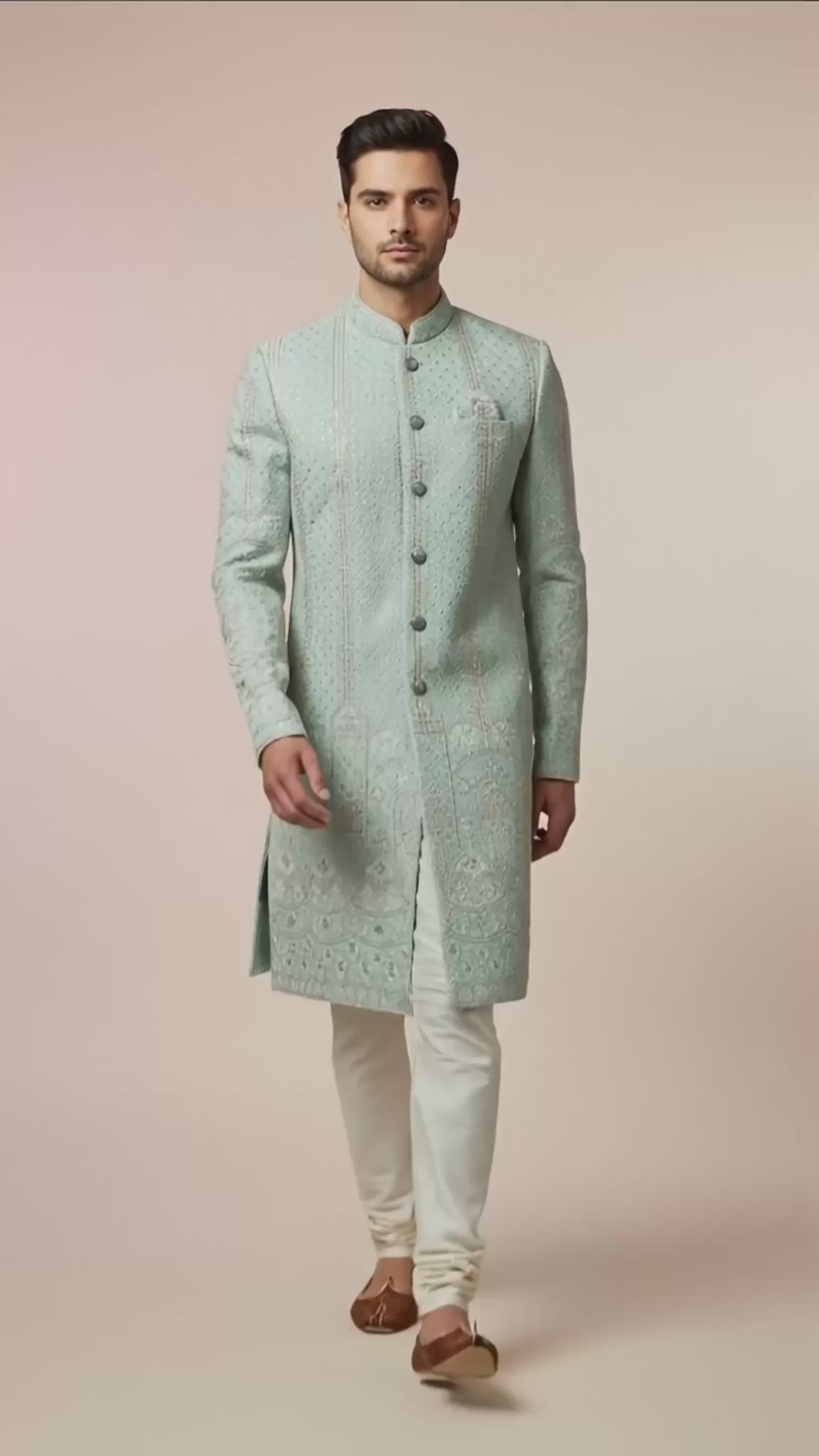 Mint Green Textured Indo-Western Sherwani with Vertical Embroidery & Architectural Motifs