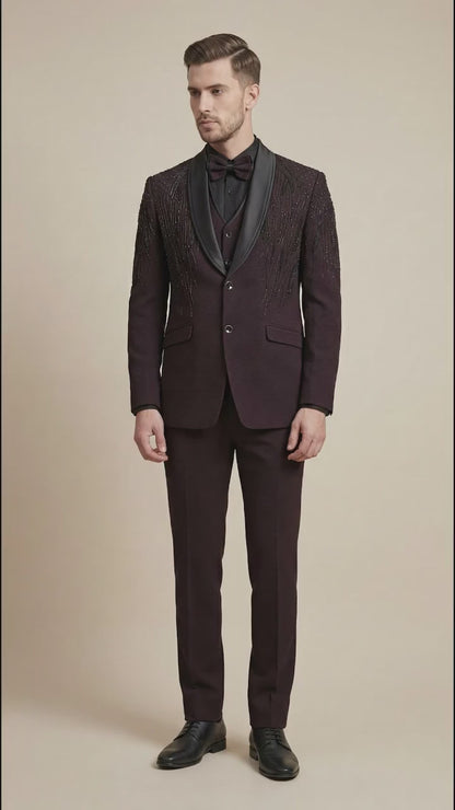 Wine Embellished Tuxedo Suit for Men | Dresswala NX