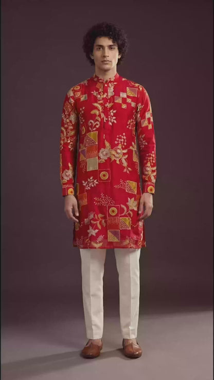 Men’s Red Festive Print Kurta with Gold Motifs | Ethnic Wear – Dresswala NX