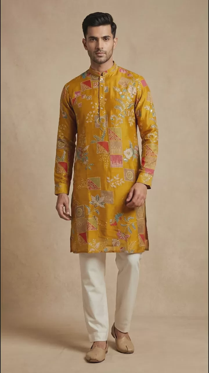 Men’s Mustard Patchwork Floral Kurta | Festive Statement Wear – Dresswala NX