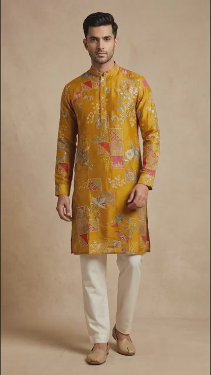 Men’s Mustard Patchwork Floral Kurta | Festive Statement Wear – Dresswala NX