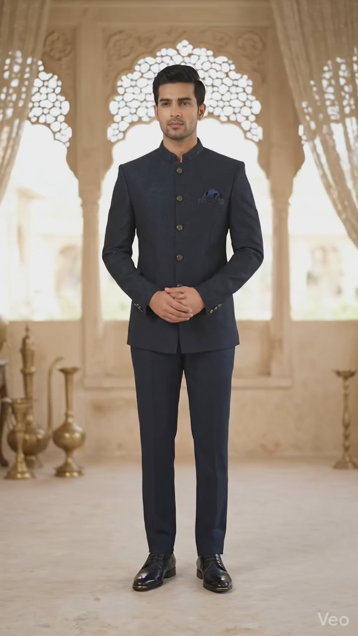 Midnight Navy Textured Jodhpur Suit with Embellished Mandarin Collar