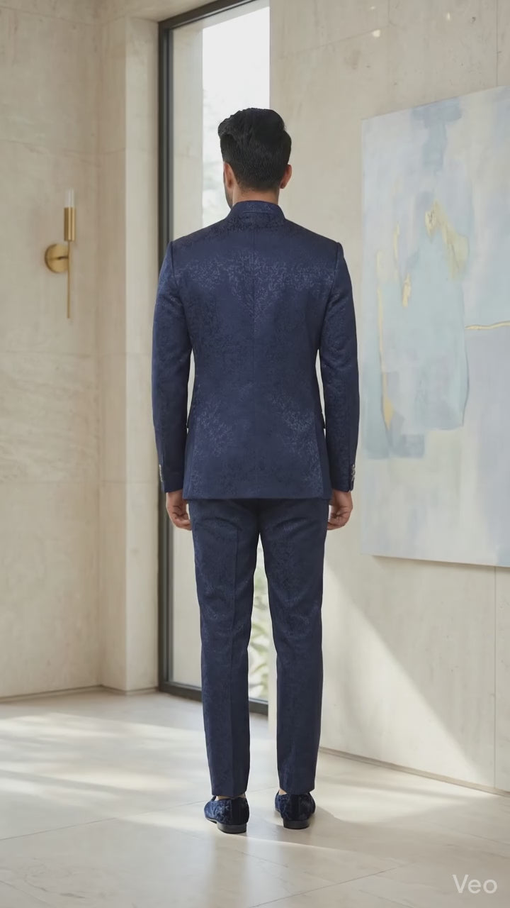 Midnight Navy Textured Jacquard Jodhpuri Suit