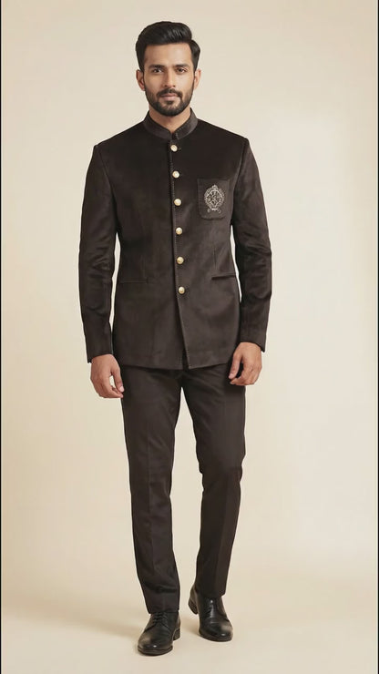 Men’s Brown Bandhgala Suit with Crest Detail | Dresswala NX