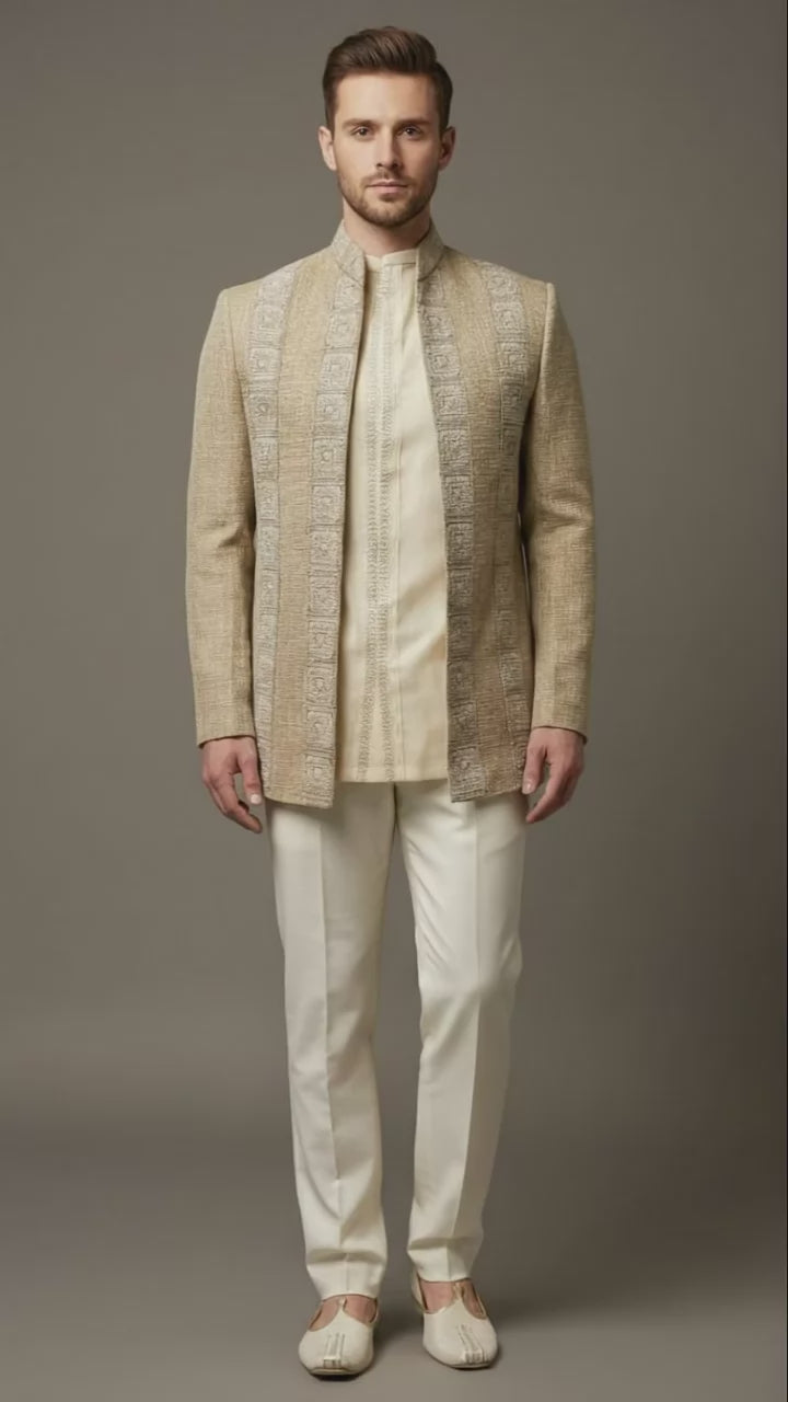 Beige Textured Bandhgala Jacket Set | Dresswala NX