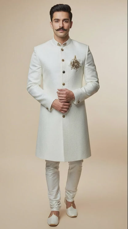 Ivory Textured Indo-Western Sherwani with Antique Buttons & Hand-Embroidered Crest