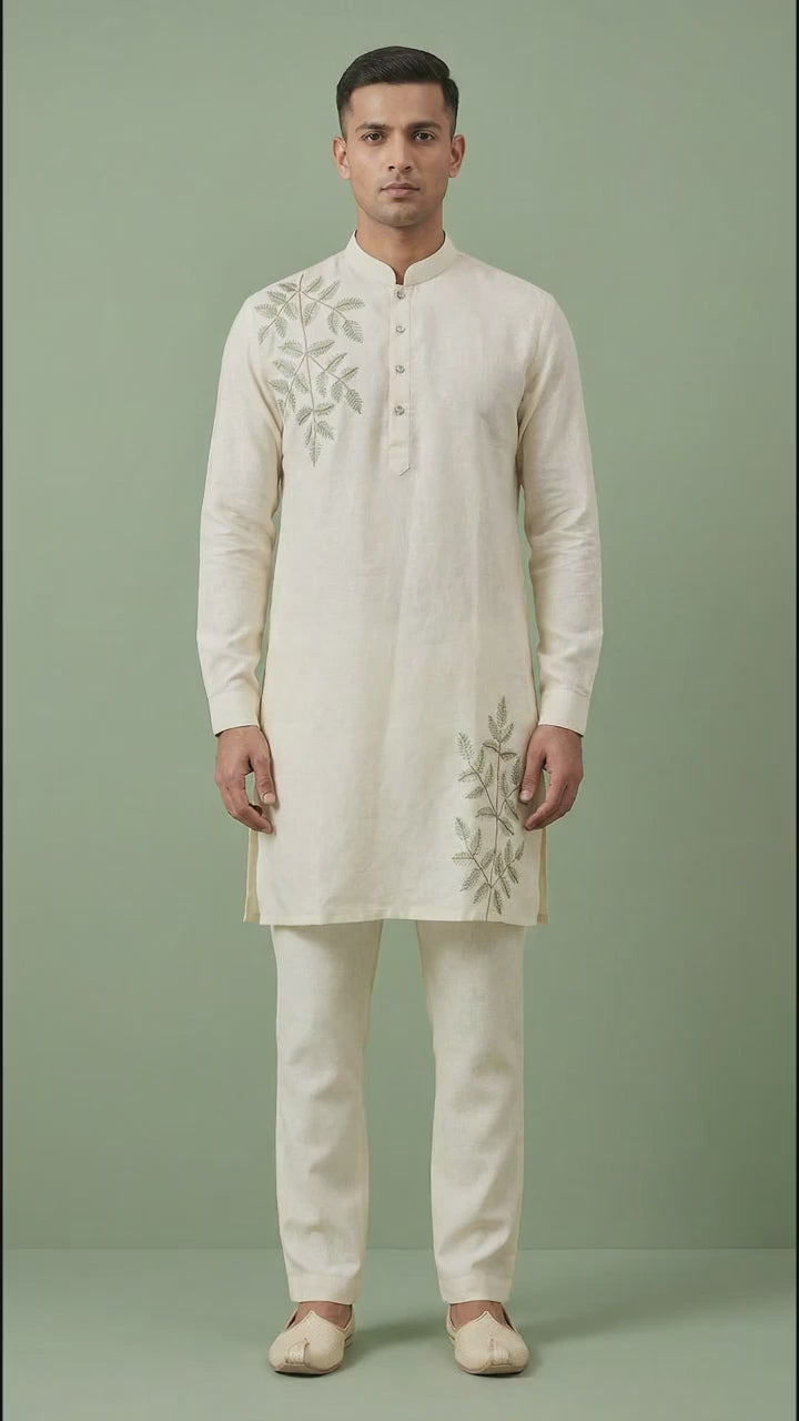 Men’s Off-White Linen Kurta with Botanical Embroidery | Festive Linen Kurta – Dresswala NX