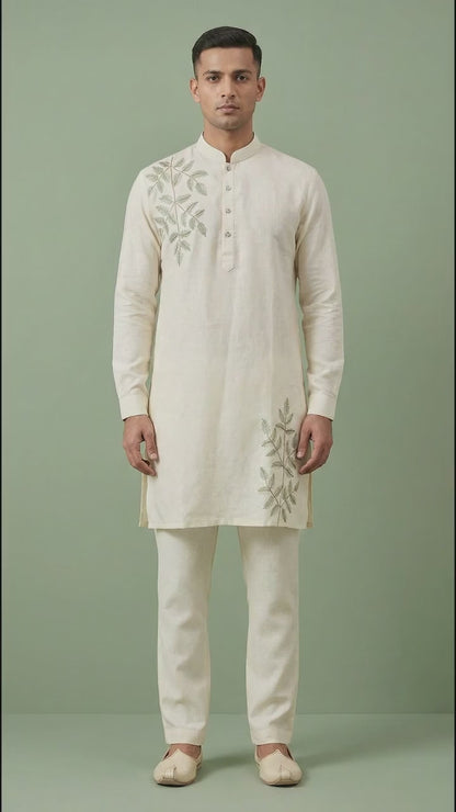 Men’s Off-White Linen Kurta with Botanical Embroidery | Festive Linen Kurta – Dresswala NX