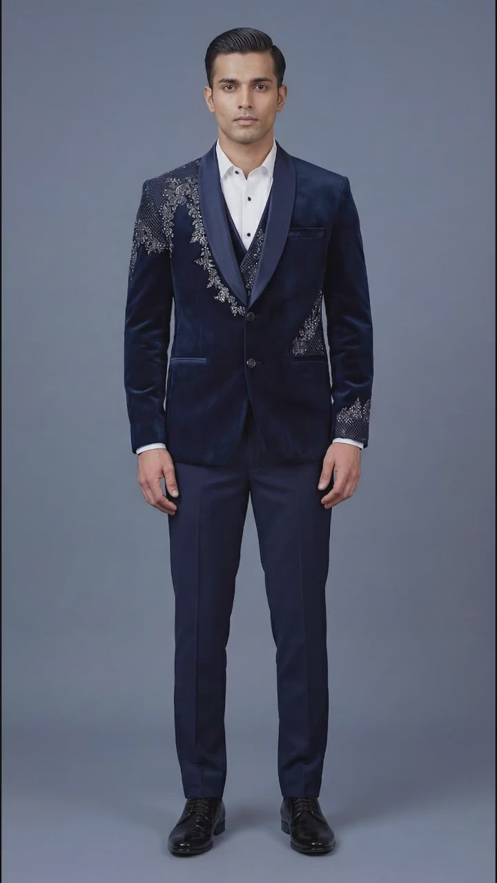 Navy Blue Embroidered Tuxedo Suit for Men | Dresswala NX