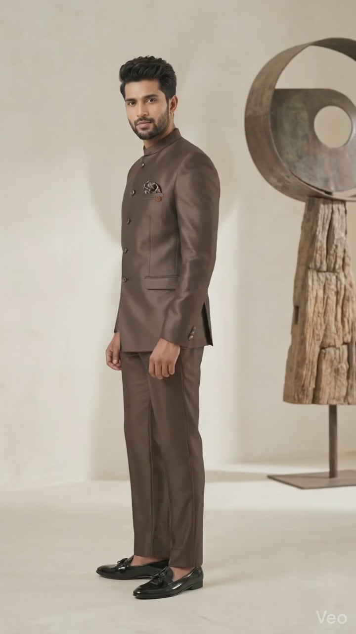Men’s Coffee Brown Silk-Finish Jodhpuri Suit