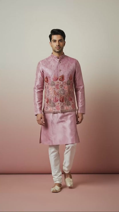 Dusty Pink Leaf-Embroidered Kurta Jacket Set
