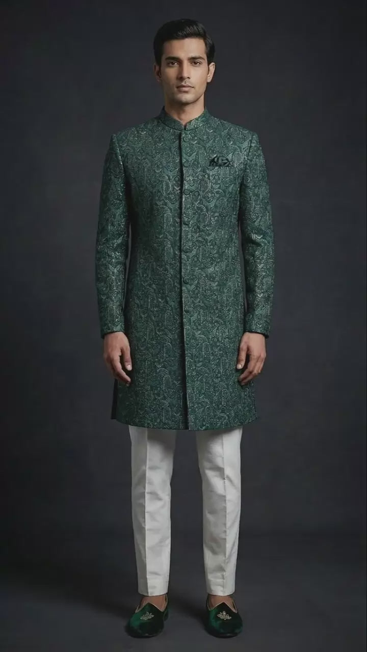 Emerald Green Textured Indo-Western Sherwani with Ivory Trousers
