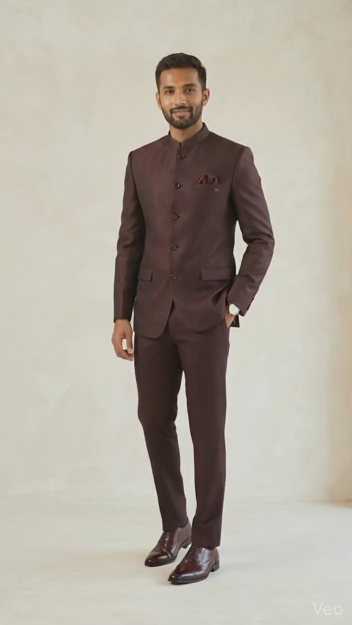 Men’s Deep Wine Textured Jodhpuri Suit with Mandarin Collar
