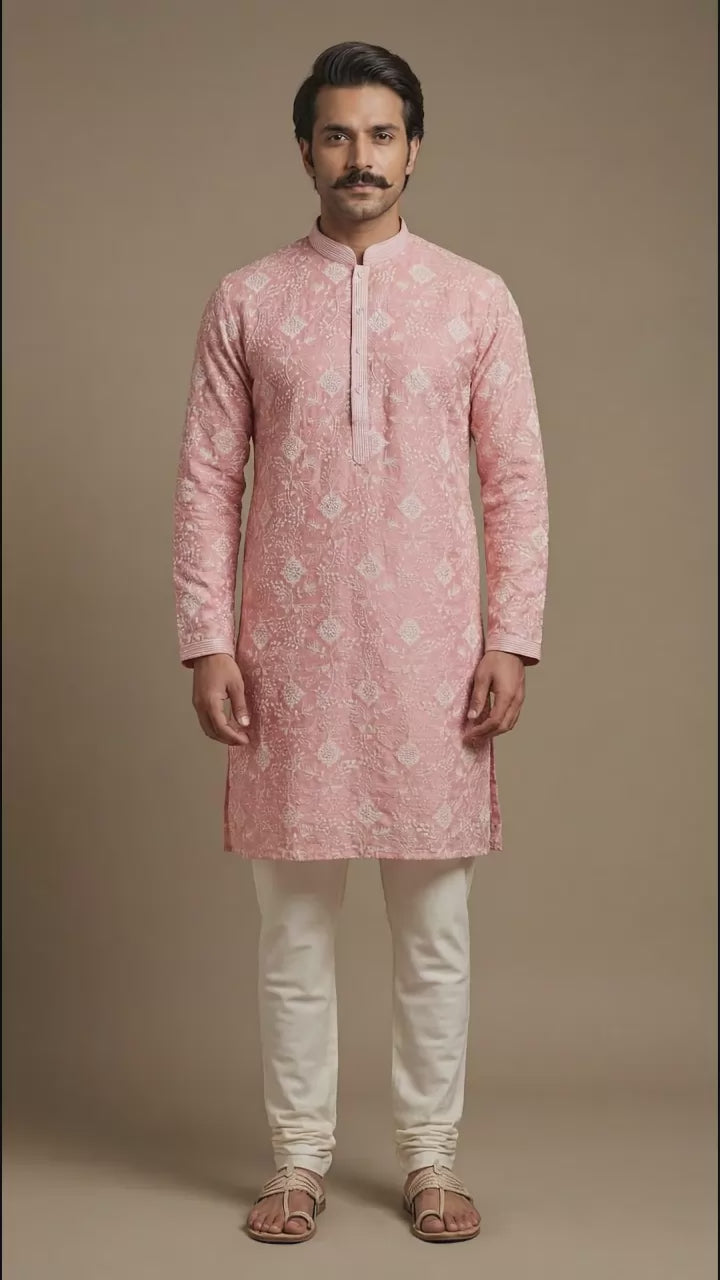 Men’s Blush Pink Jacquard Kurta | Elegant Festive Kurta – Dresswala NX
