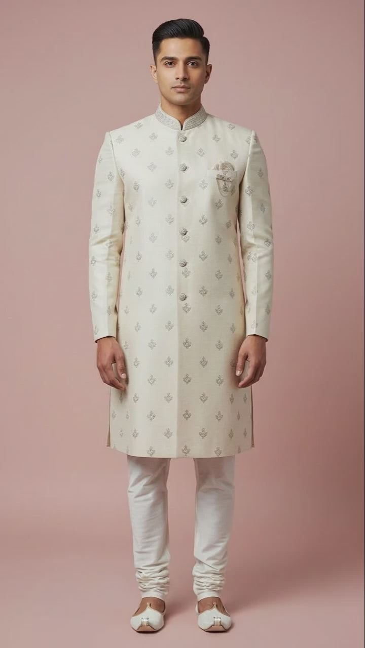 Ivory Textured Indo-Western Sherwani with Silver Thread Embroidery & Brooch Detail
