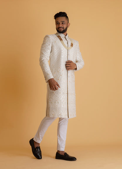 White Sherwani with Intricate Embroidery